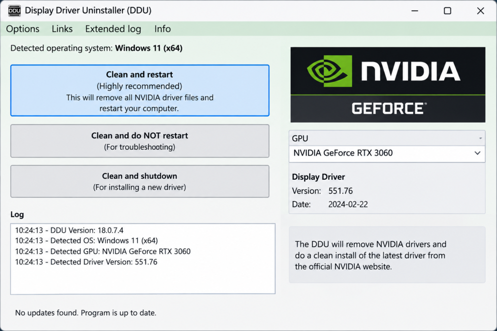 DDU interface showing Clean and Restart option