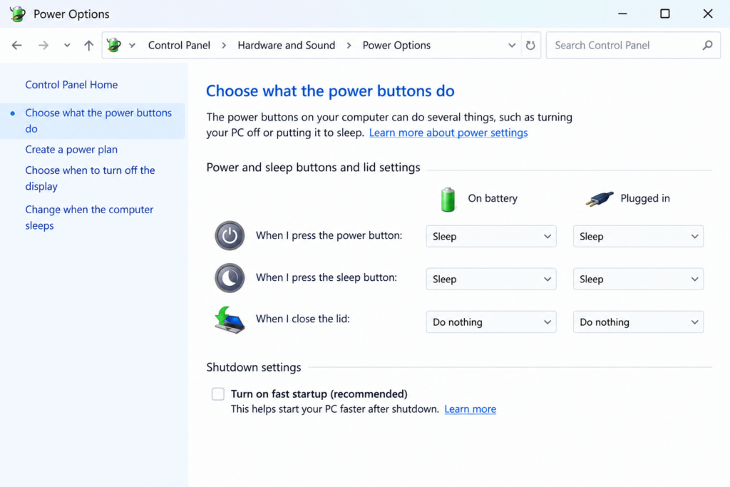 Power Options Choose what the power buttons do