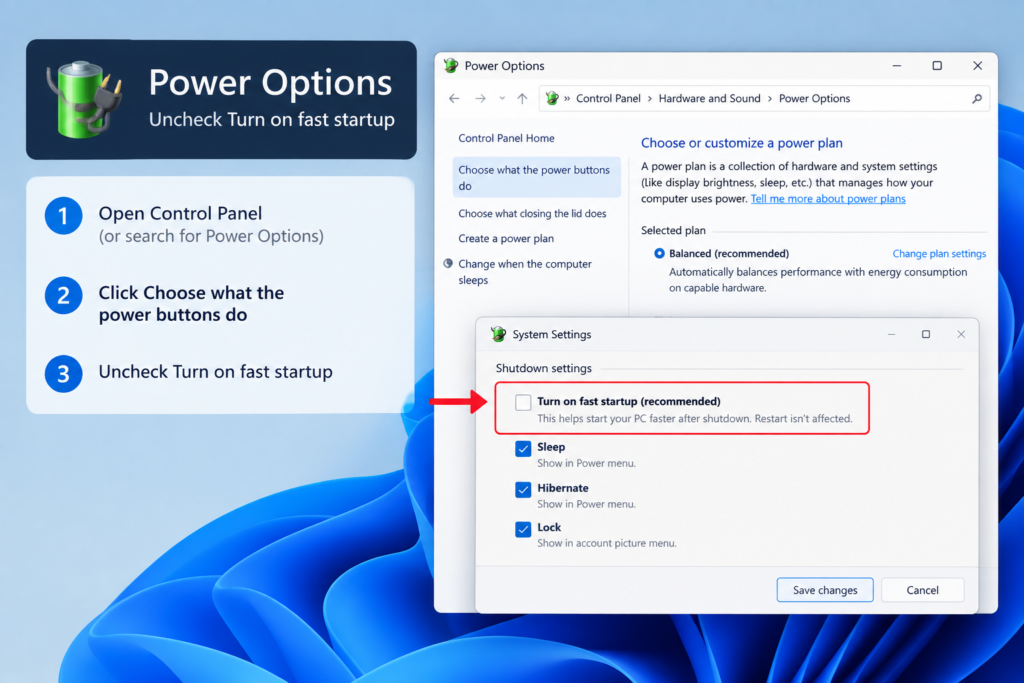 Unchecking Turn on fast startup in Windows Power Options