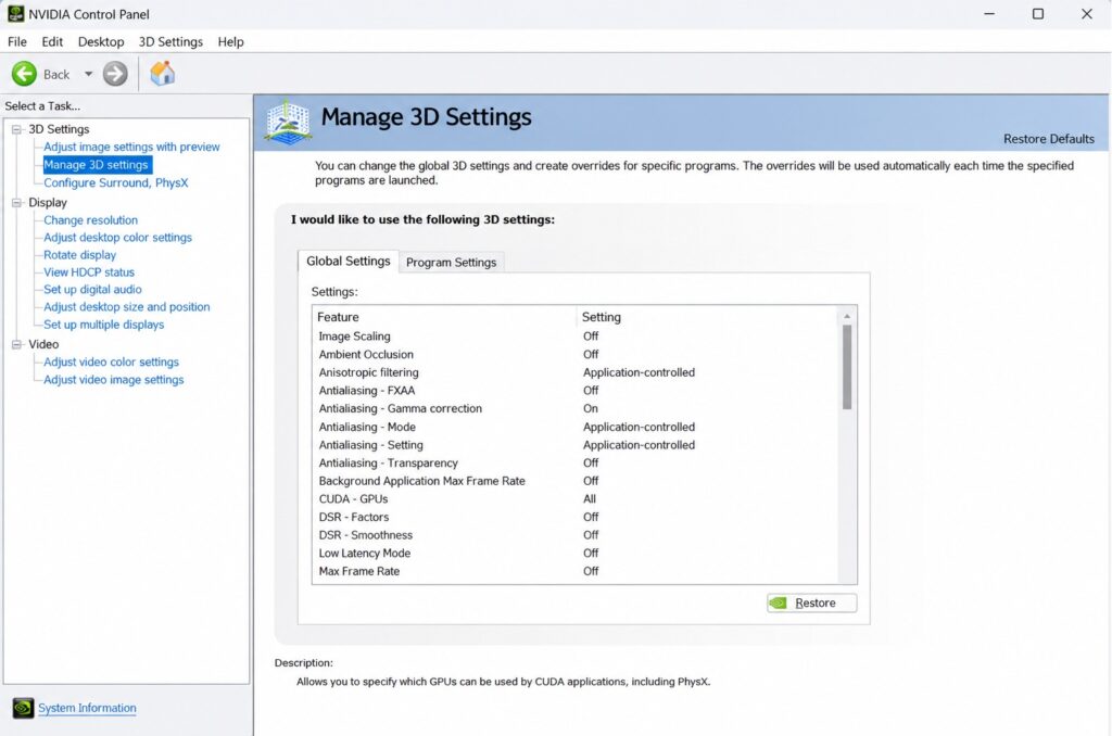 NVIDIA Control Panel Global Setting 