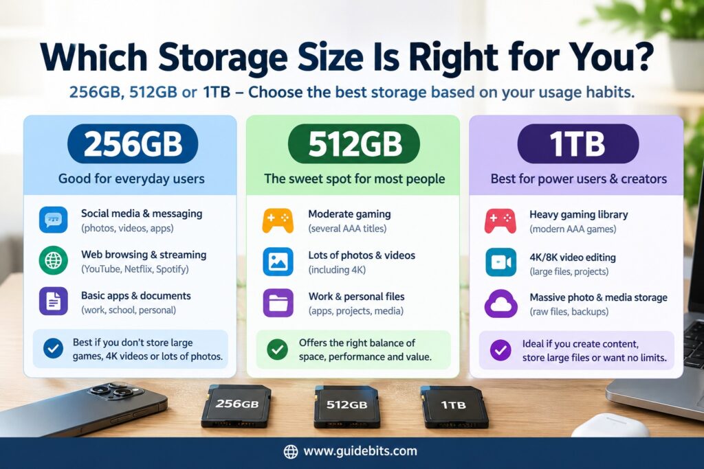 Buyer guide chart showing who should buy 256GB, 512GB, or 1TB Samsung Galaxy S26 Ultra storage.