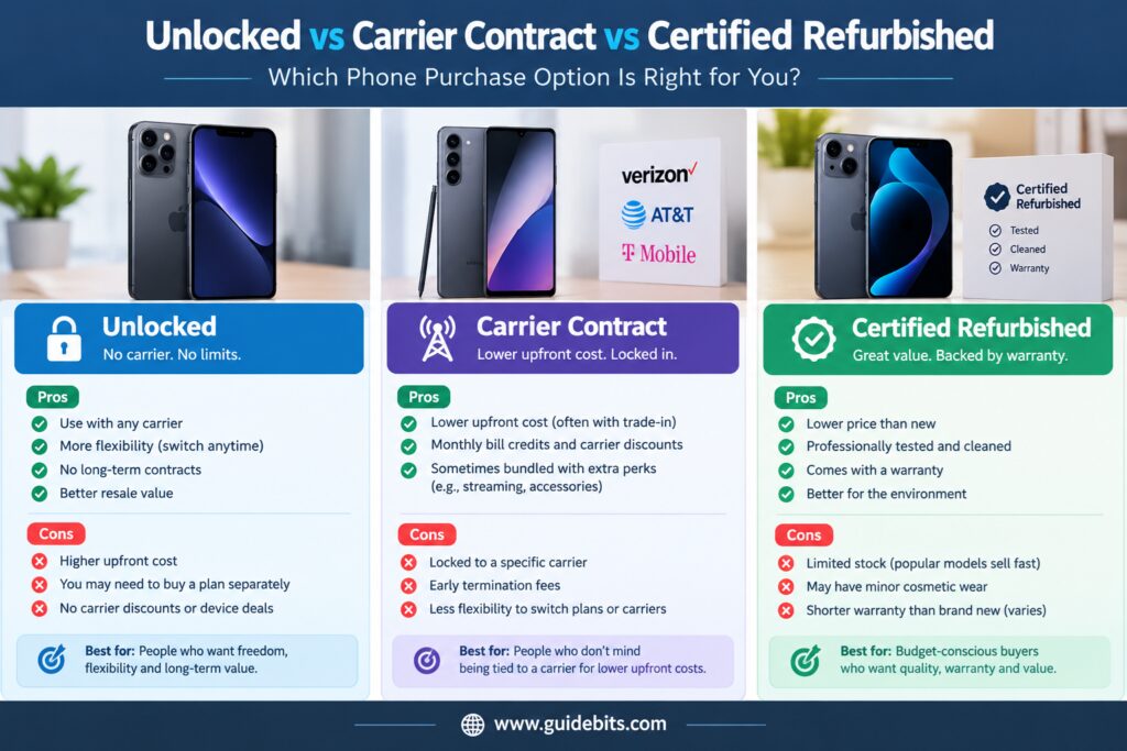 Comparison breakdown showing pros and cons of buying Samsung Galaxy S26 Ultra unlocked versus carrier options.