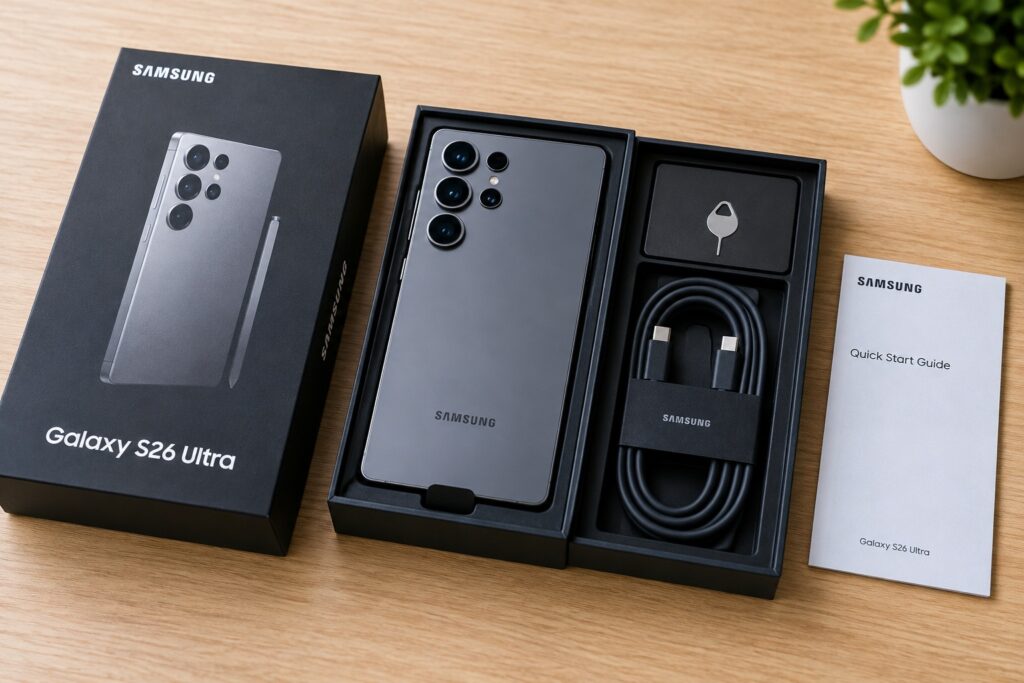 Samsung Galaxy S26 Ultra unboxing view showing the phone, USB-C cable, and retail packaging.