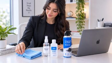 arranging a laptop screen cleaning kit with microfiber cloth, spray bottle, and alcohol on a pastel studio desk